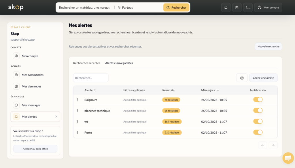 Onglet alertes marketplace skop